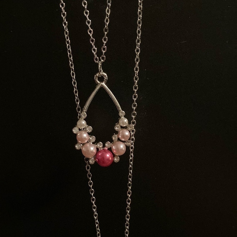 Silver Layered Necklace with Pink Accents and earring set - Picture 2 of 5